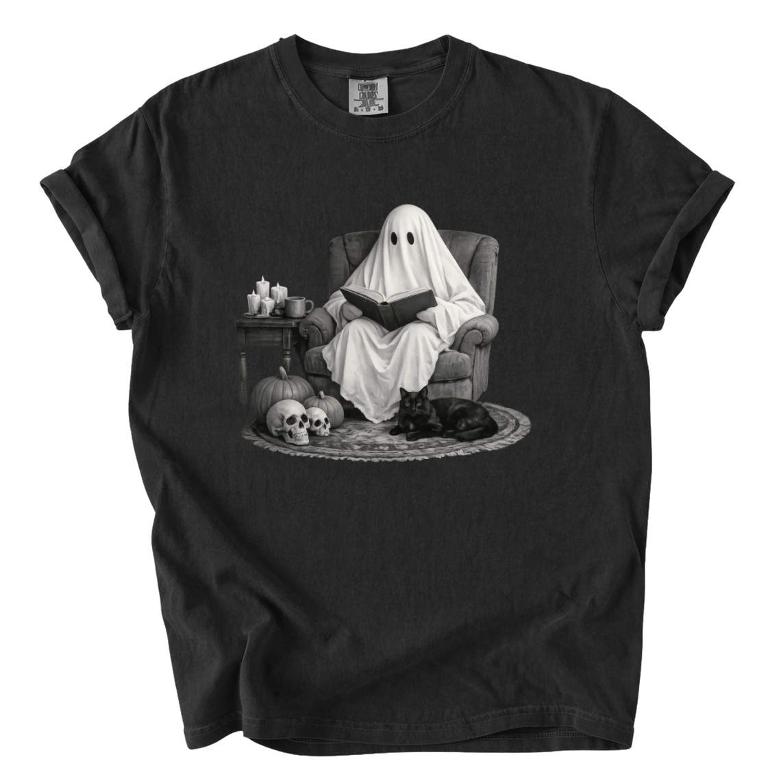 Ghost Reading With Black Cat Shirt – Spooky Bookish Comfort Colors Tee