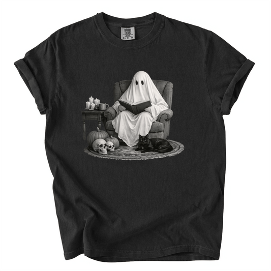 Ghost Reading With Black Cat Shirt – Spooky Bookish Comfort Colors Tee