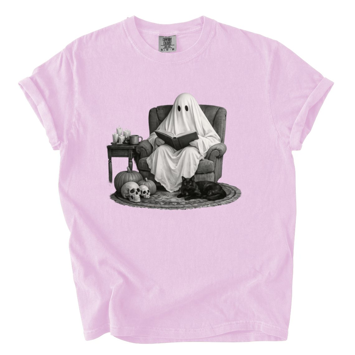 Ghost Reading With Black Cat Shirt – Spooky Bookish Comfort Colors Tee