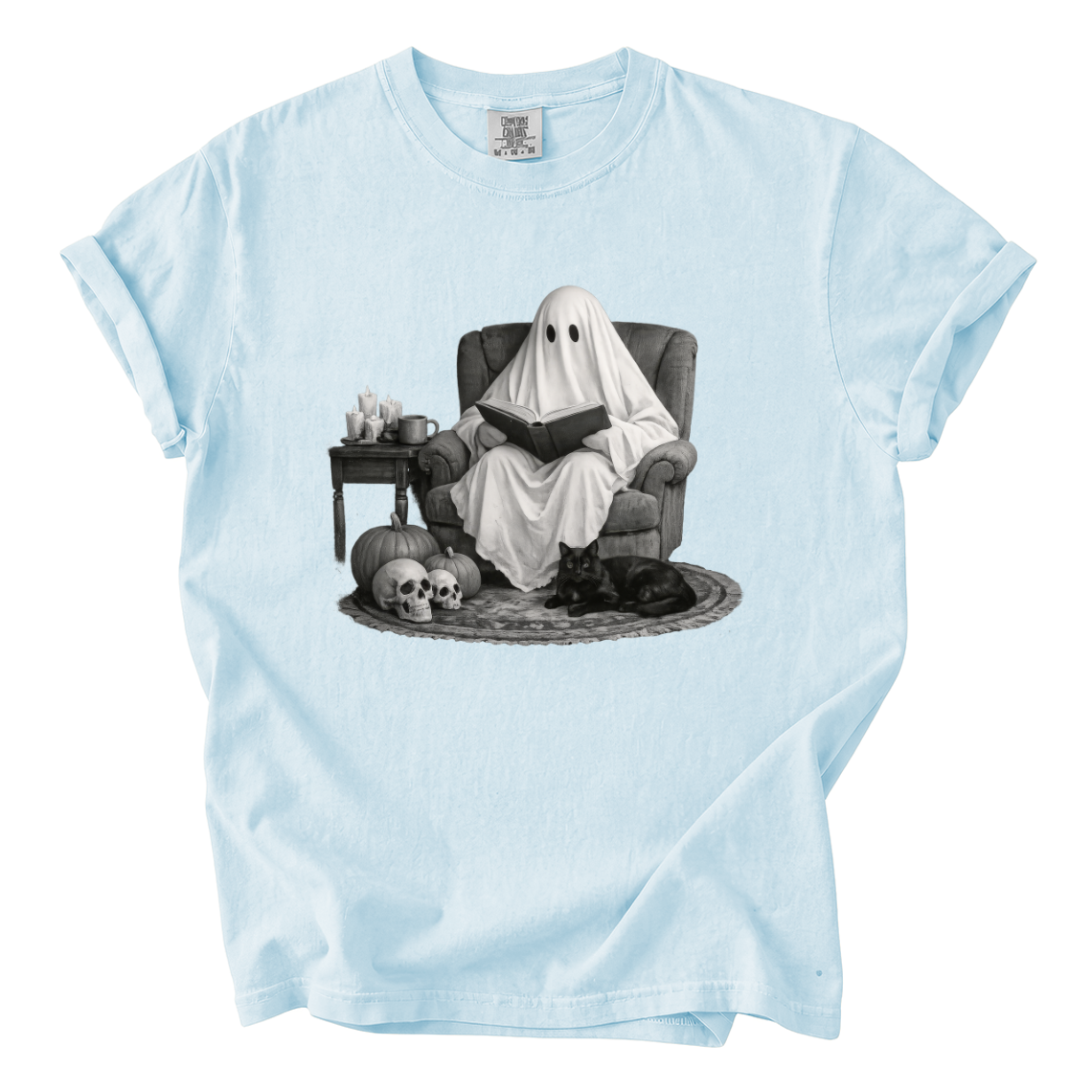 Ghost Reading With Black Cat Shirt – Spooky Bookish Comfort Colors Tee