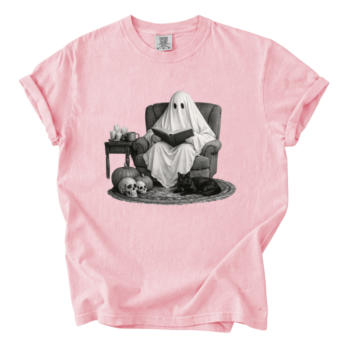 Ghost Reading With Black Cat Shirt – Spooky Bookish Comfort Colors Tee