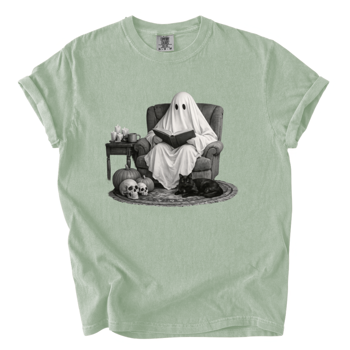 Ghost Reading With Black Cat Shirt – Spooky Bookish Comfort Colors Tee