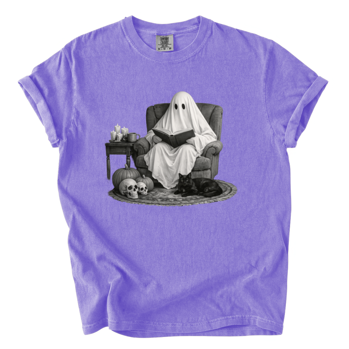 Ghost Reading With Black Cat Shirt – Spooky Bookish Comfort Colors Tee