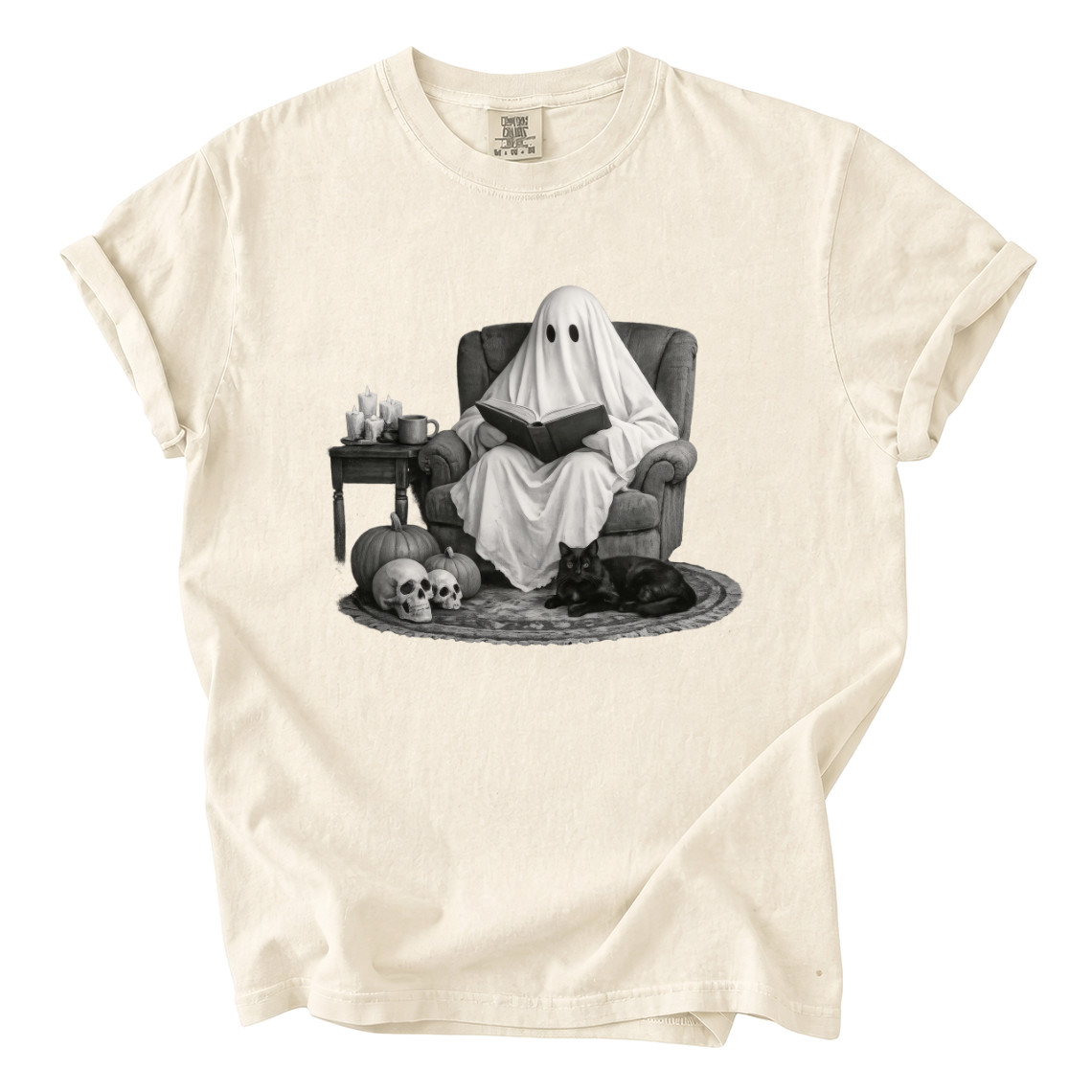 Ghost Reading With Black Cat Shirt – Spooky Bookish Comfort Colors Tee