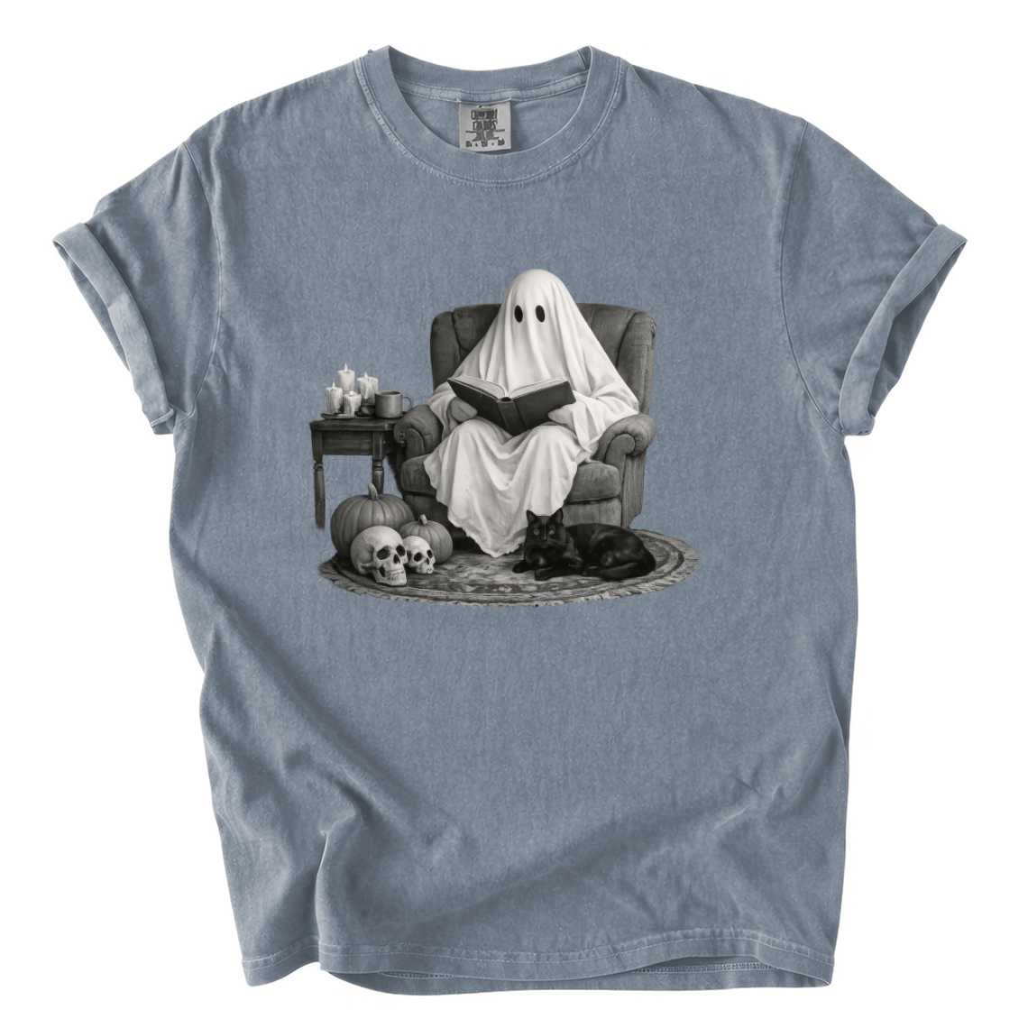 Ghost Reading With Black Cat Shirt – Spooky Bookish Comfort Colors Tee