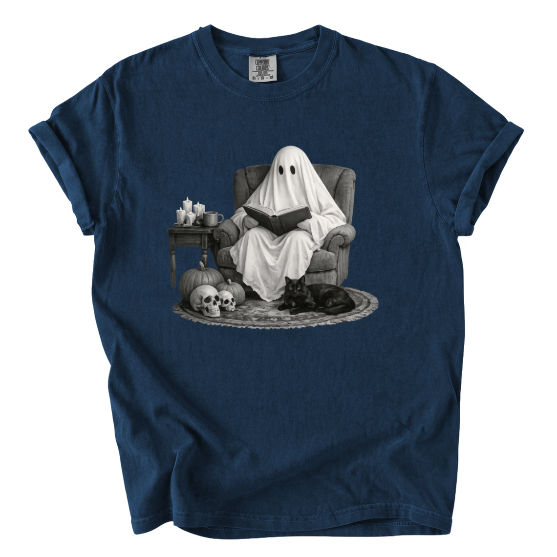 Ghost Reading With Black Cat Shirt – Spooky Bookish Comfort Colors Tee