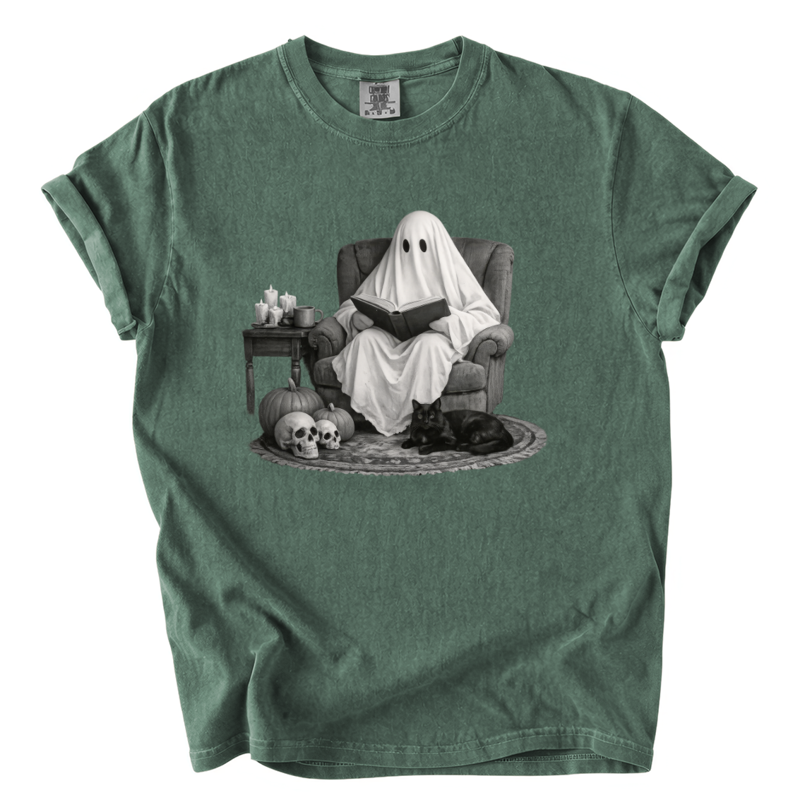 Ghost Reading With Black Cat Shirt – Spooky Bookish Comfort Colors Tee
