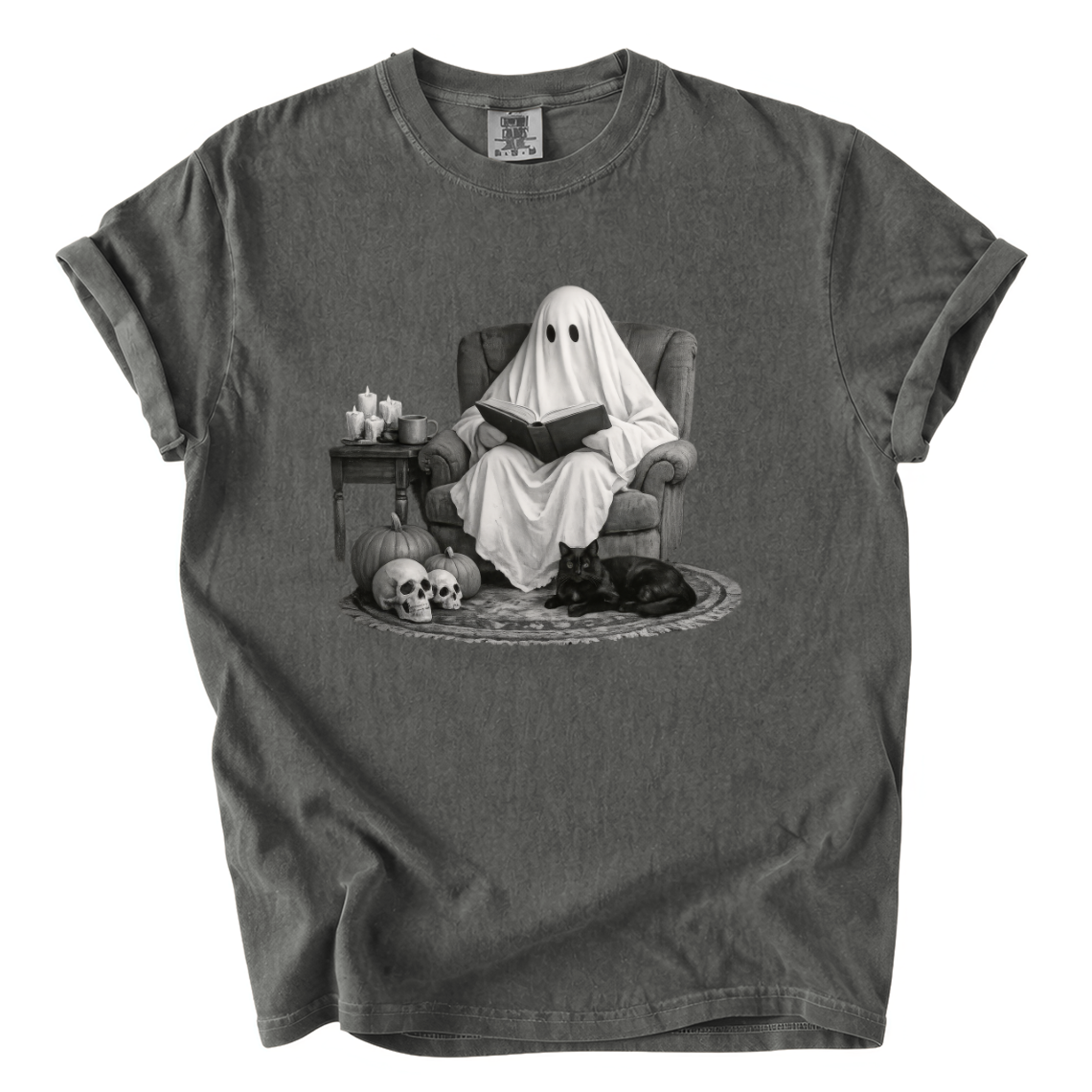 Ghost Reading With Black Cat Shirt – Spooky Bookish Comfort Colors Tee