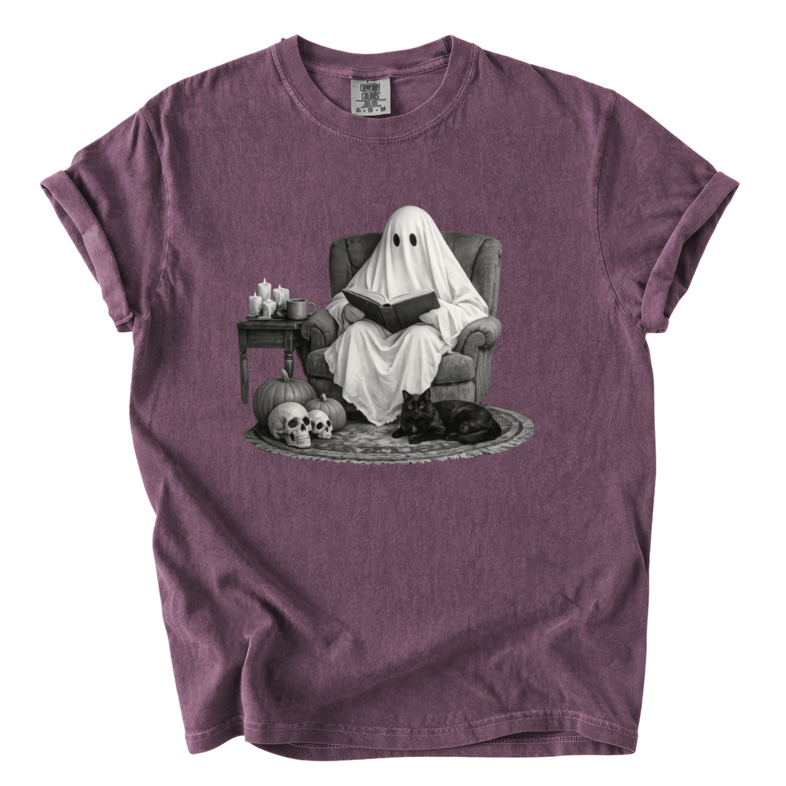 Ghost Reading With Black Cat Shirt – Spooky Bookish Comfort Colors Tee