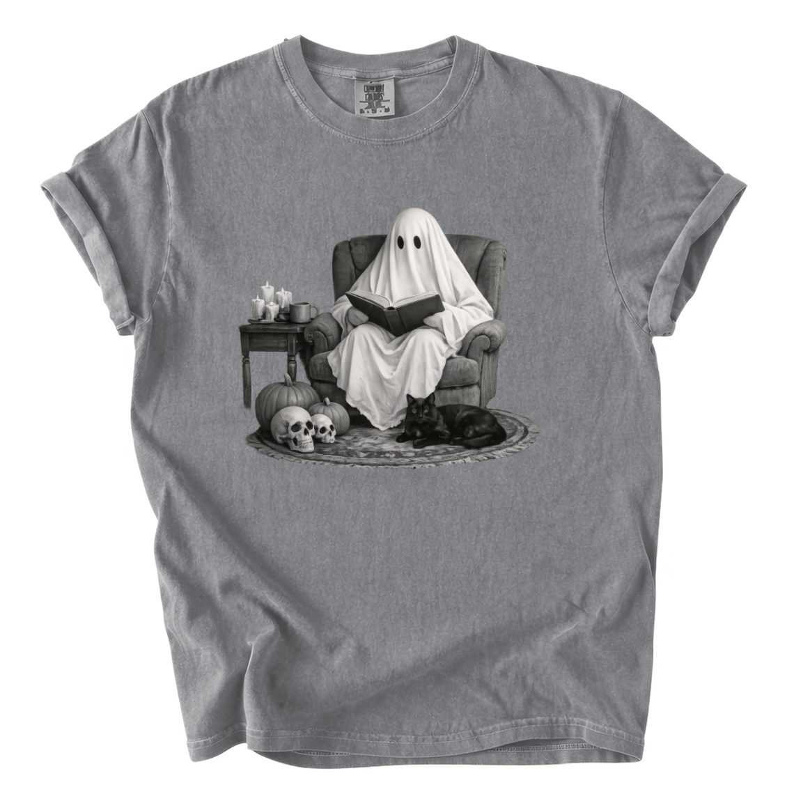 Ghost Reading With Black Cat Shirt – Spooky Bookish Comfort Colors Tee