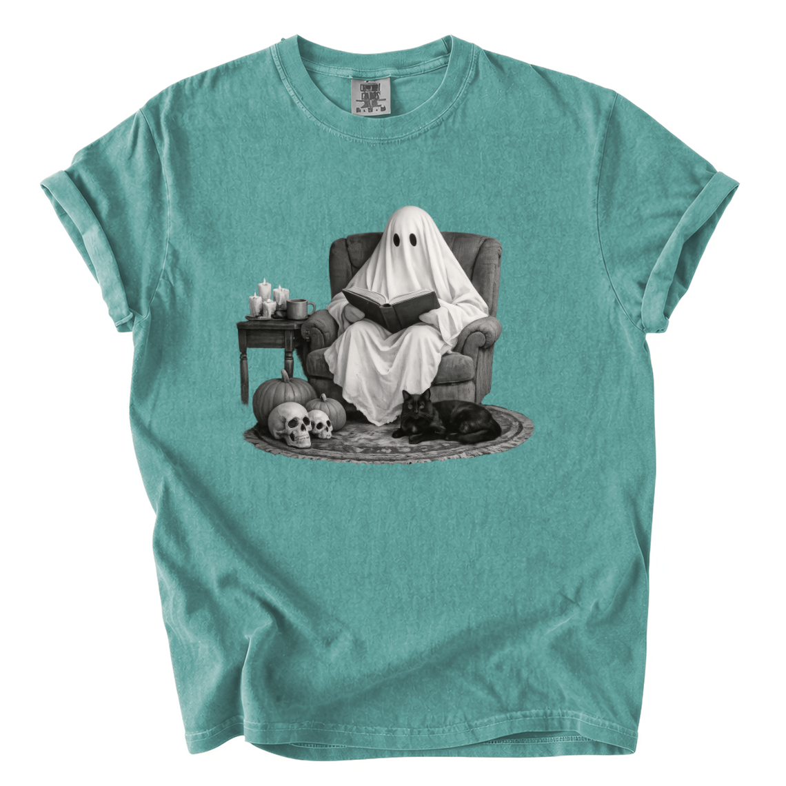 Ghost Reading With Black Cat Shirt – Spooky Bookish Comfort Colors Tee