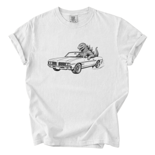 Kaiju Driving a Convertible Shirt – Funny Vintage Comfort Colors Tee