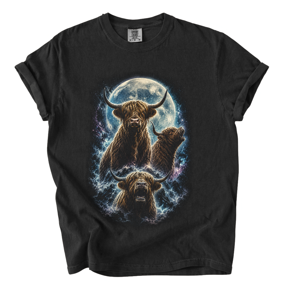 Highland Cattle Moon T-Shirt — Mystical Three-Head Cow Design