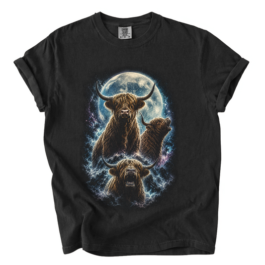 Highland Cattle Moon T-Shirt — Mystical Three-Head Cow Design