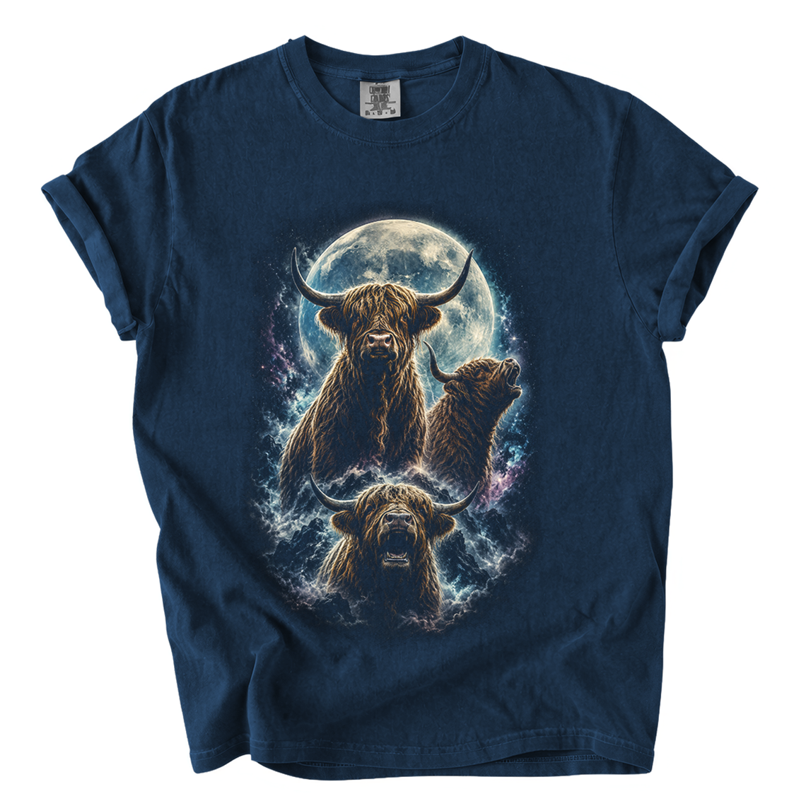 Highland Cattle Moon T-Shirt — Mystical Three-Head Cow Design