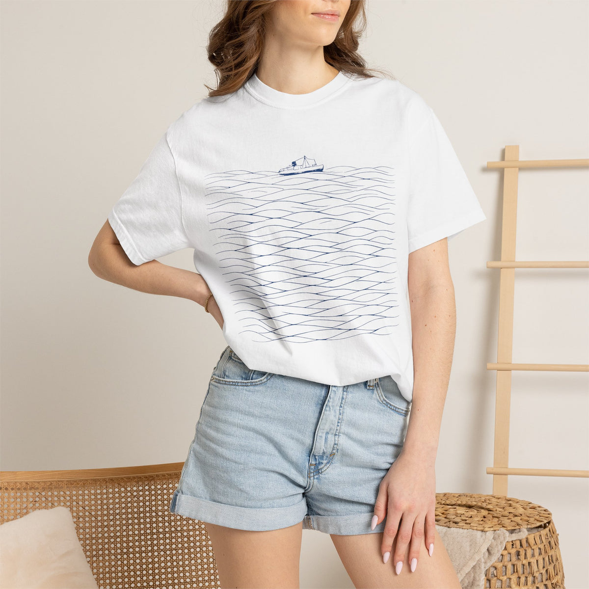 Ocean Wave Boat T-Shirt — Minimal Nautical Graphic Tee