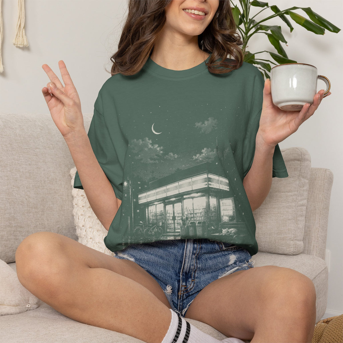 Japanese Konbini Night Comfort Colors T-Shirt | Rainy Convenience Store Graphic Tee