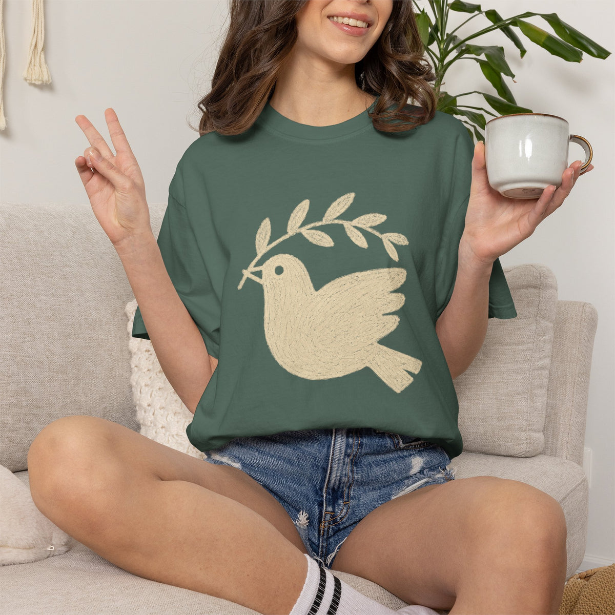 Dove and Olive Branch Shirt – Folk Art Peace Comfort Colors Graphic Tee
