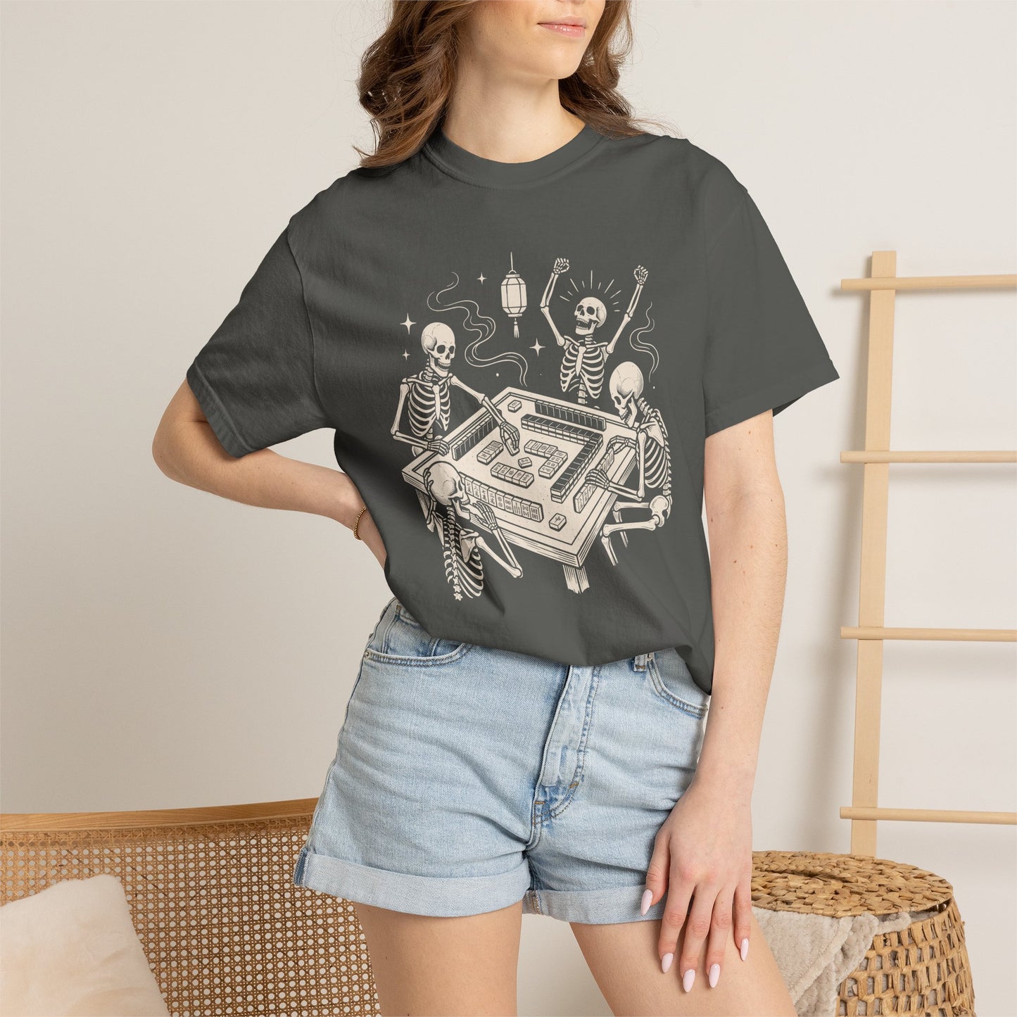 Skeletons Playing Mahjong Comfort Colors T-Shirt | Funny Halloween Game Night Graphic Tee
