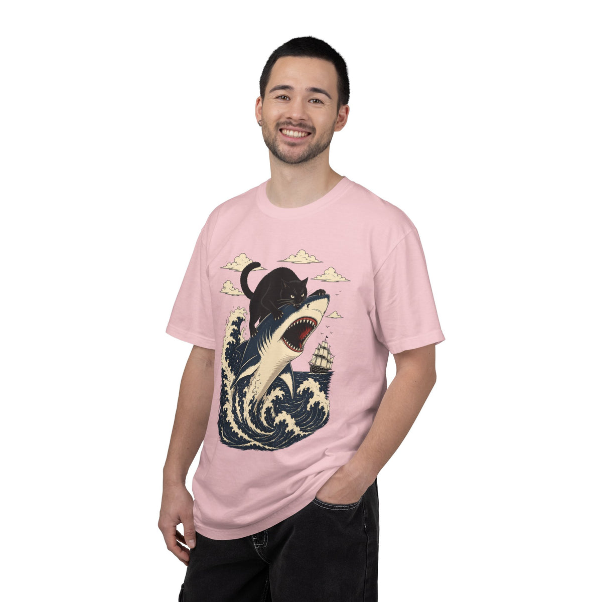 Black Cat Riding Shark Comfort Colors T-Shirt | Funny Ocean Animal Graphic Tee