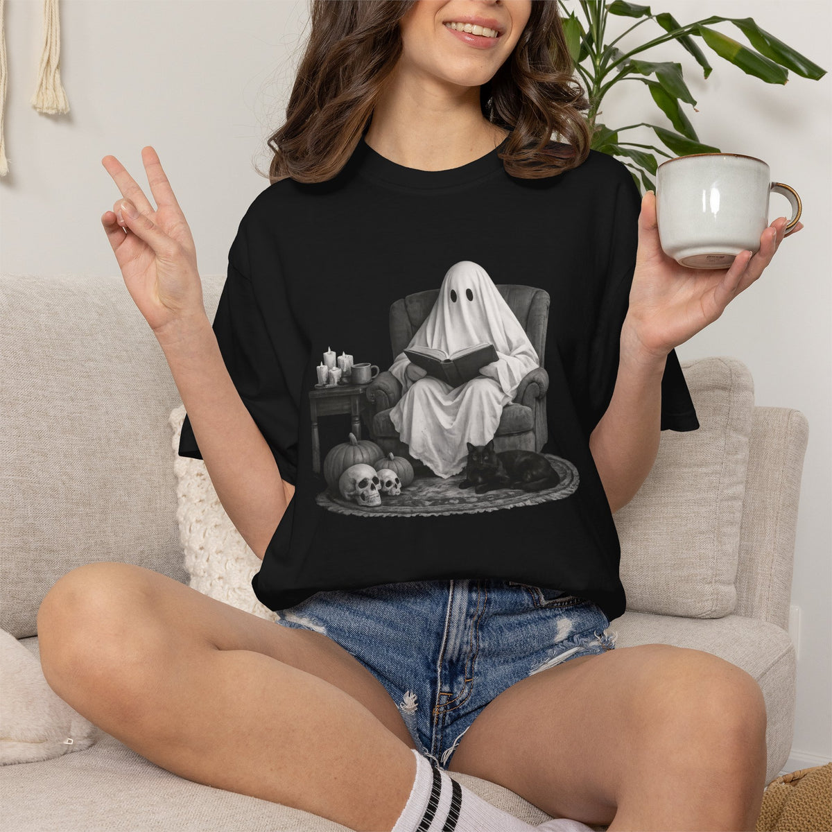 Ghost Reading With Black Cat Shirt – Spooky Bookish Comfort Colors Tee